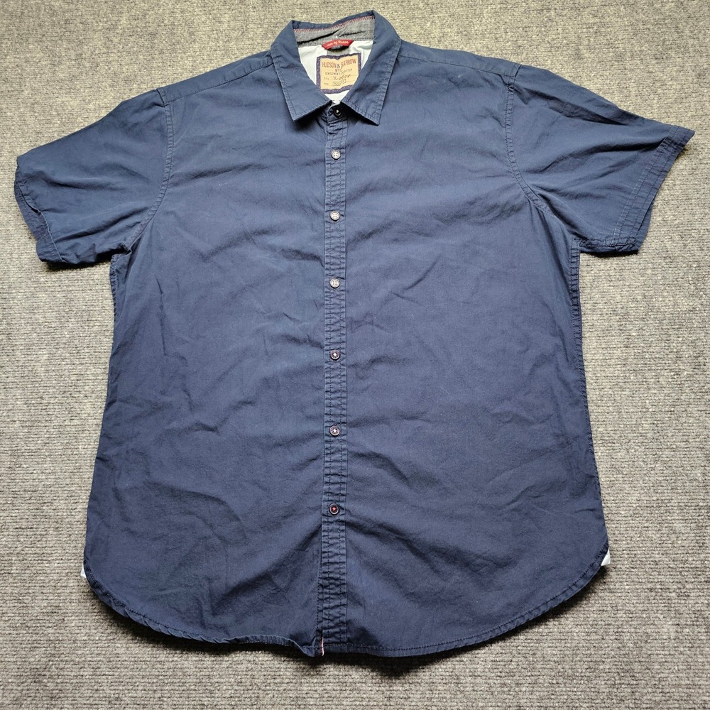 Hudson & Barrow NYC Mens XL Navy Blue Short Sleeve Button Down Shirt Casual
